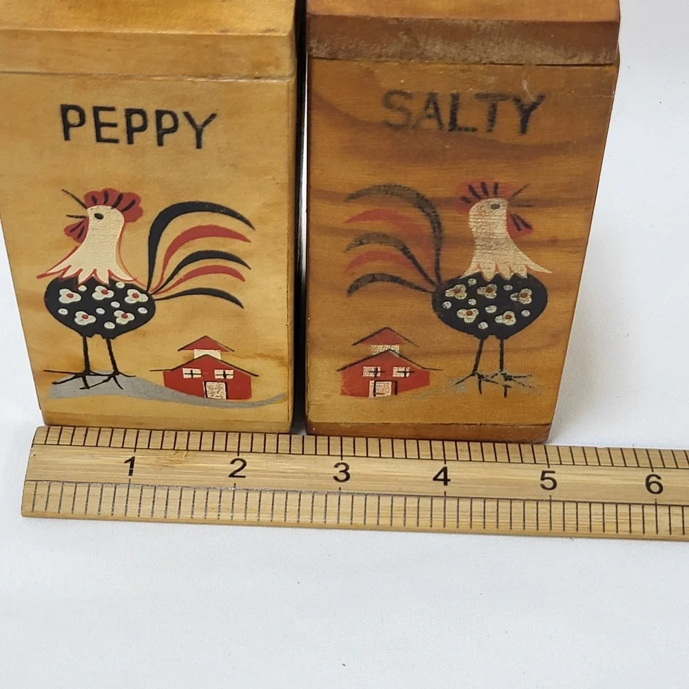 Vintage Japan Salty Peppy Wood Rooster Salt Pepper Shakers MCM Kitsch 5.5in